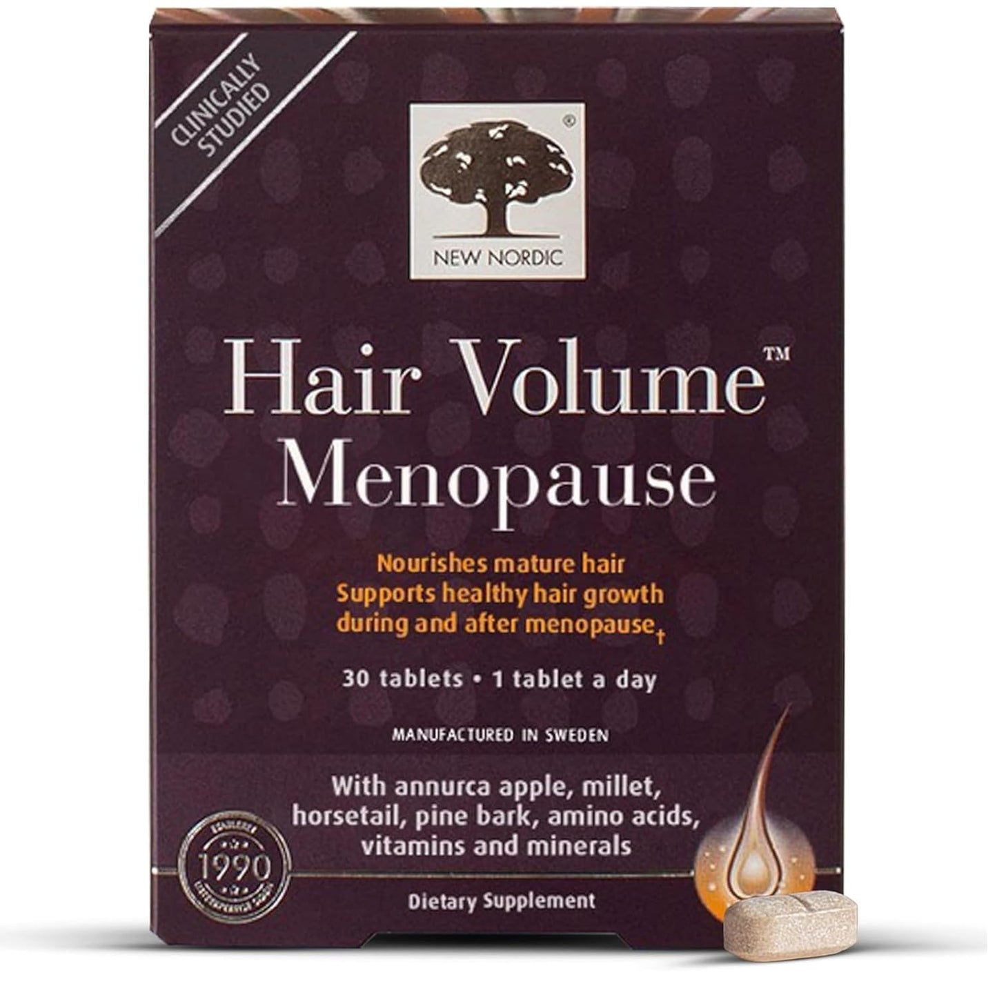 New Nordic Hair Volume Menopause, Supports Healthy Hair Growth During and After Menopause, Pine Bark and Annurca Apple Extract, 30 Tablets - dailyvitalstore