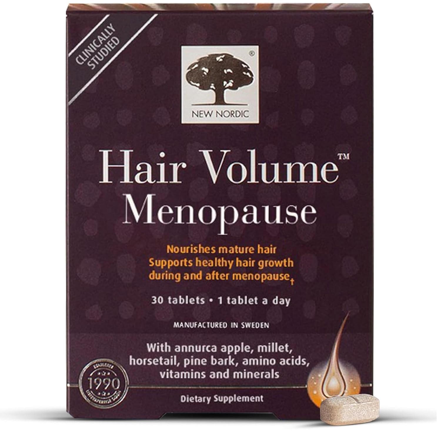 New Nordic Hair Volume Menopause, Supports Healthy Hair Growth During and After Menopause, Pine Bark and Annurca Apple Extract, 30 Tablets - dailyvitalstore