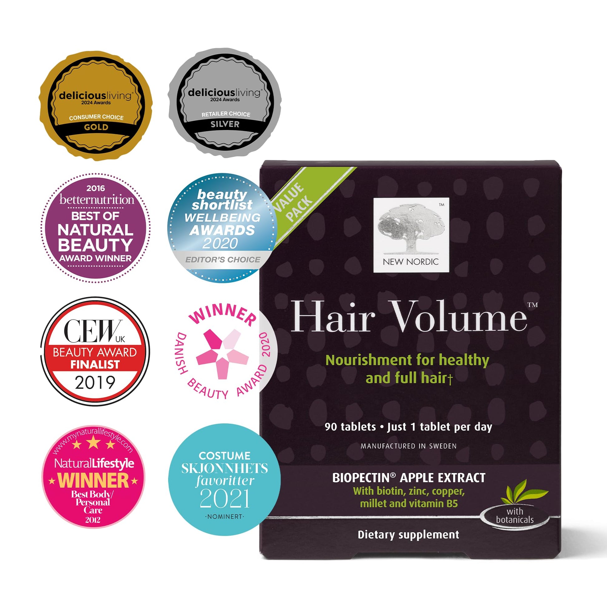 NEW NORDIC Hair Volume Tablets, 3000 mcg Biotin & Biopectin Apple Extract, Hair Vitamins to Support Natural Hair Growth, 90 Count (Pack of 1) - dailyvitalstore