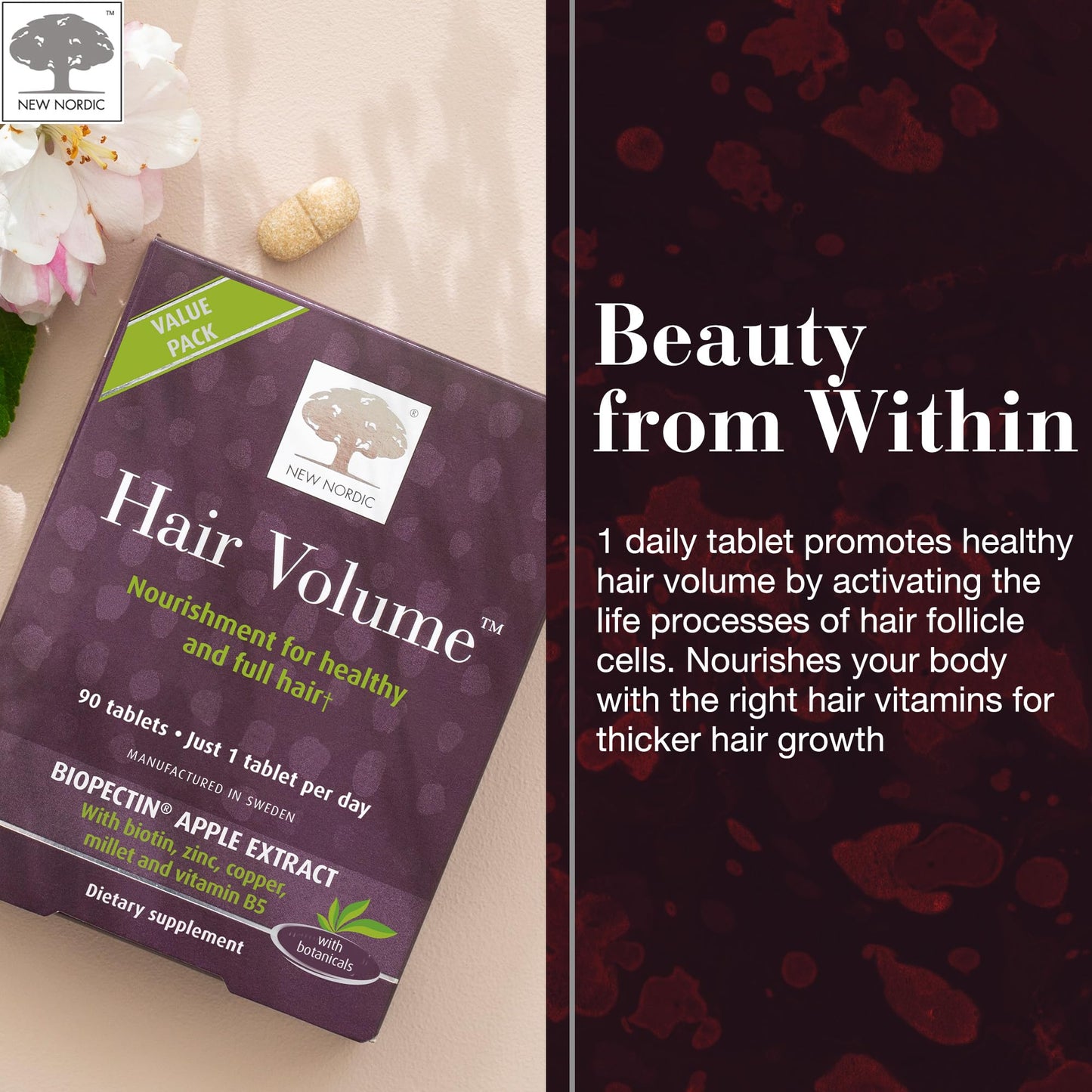 NEW NORDIC Hair Volume Tablets, 3000 mcg Biotin & Biopectin Apple Extract, Hair Vitamins to Support Natural Hair Growth, 90 Count (Pack of 1) - dailyvitalstore
