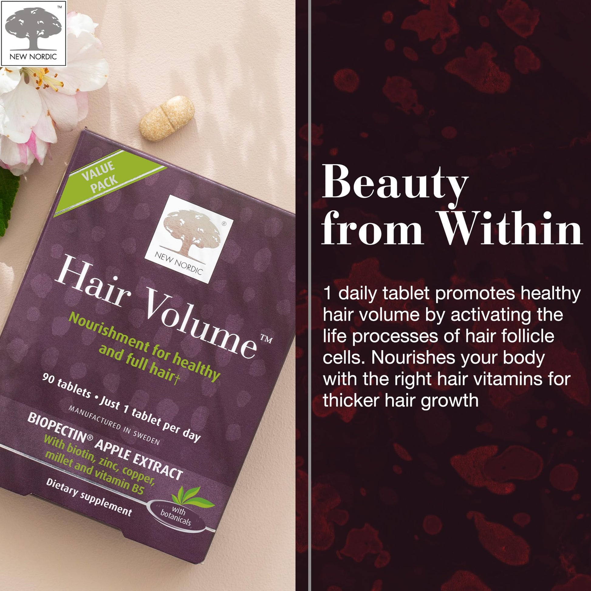 NEW NORDIC Hair Volume Tablets, 3000 mcg Biotin & Biopectin Apple Extract, Hair Vitamins to Support Natural Hair Growth, 90 Count (Pack of 1) - dailyvitalstore