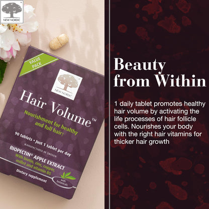 NEW NORDIC Hair Volume Tablets, 3000 mcg Biotin & Biopectin Apple Extract, Hair Vitamins to Support Natural Hair Growth, 90 Count (Pack of 1) - dailyvitalstore