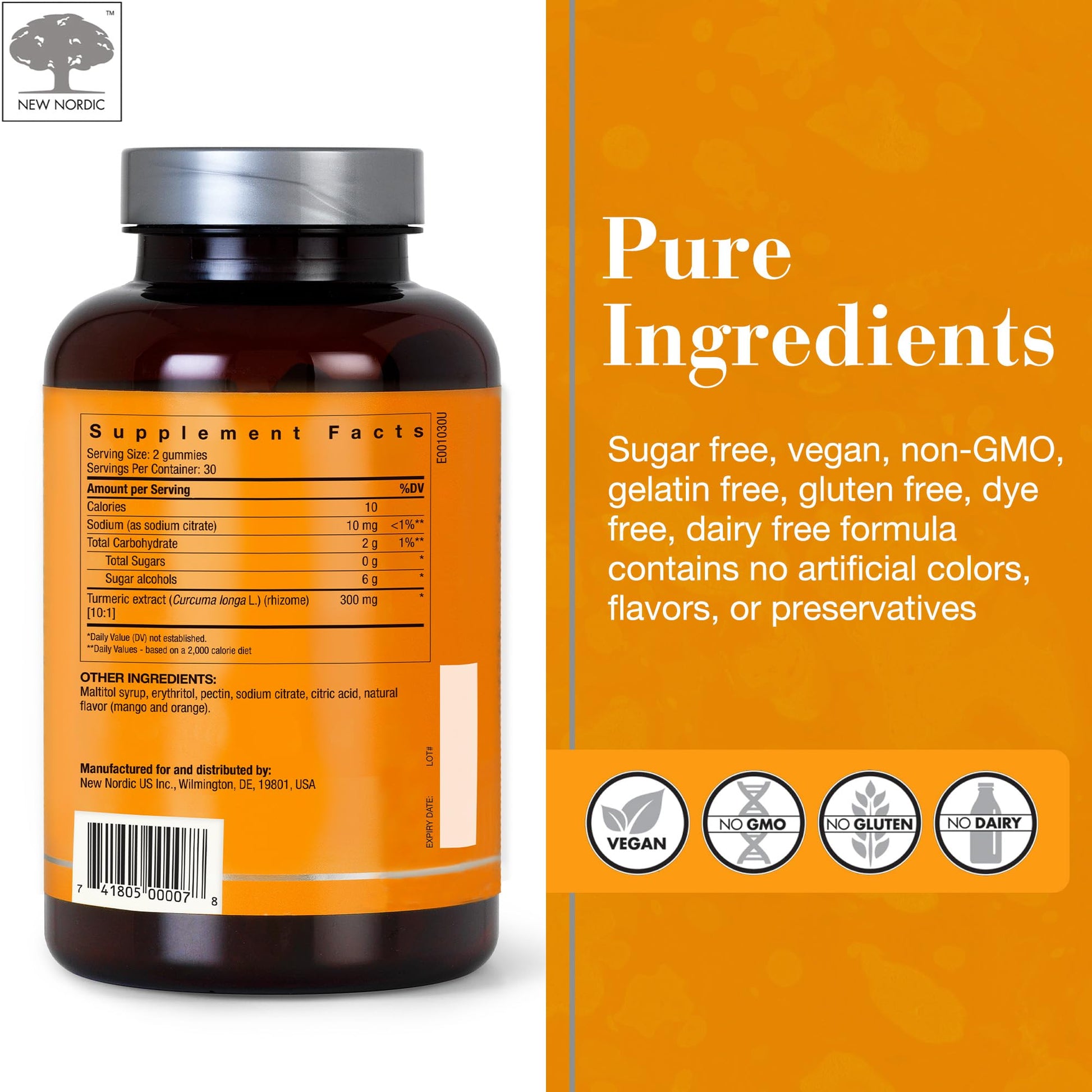 NEW NORDIC Turmeric Curcumin Gummies, Sugar Free, 300 mg Turmeric Supplement for Men and Women, Supports Normally Functioning Joints, Knees, Shoulders, Mango Orange, 60 Count - dailyvitalstore
