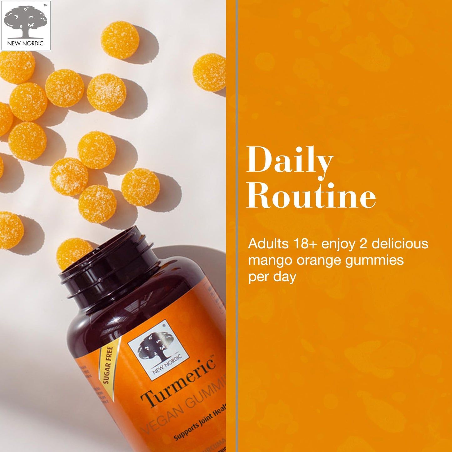 NEW NORDIC Turmeric Curcumin Gummies, Sugar Free, 300 mg Turmeric Supplement for Men and Women, Supports Normally Functioning Joints, Knees, Shoulders, Mango Orange, 60 Count - dailyvitalstore