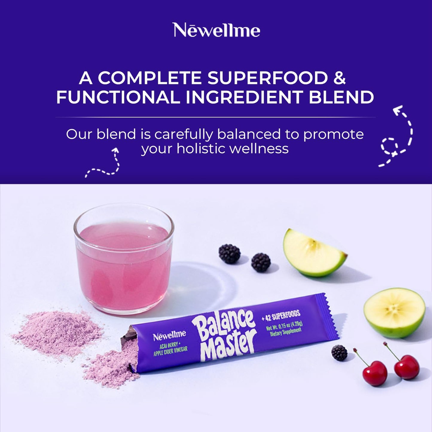 NEWELLME Balance Master Acai Apple Cider Vinegar Powder, Healthy Blood Sugar Support, Probiotics & Digestive Enzymes for Metabolic Support, Vegan Non-GMO, 14 Servings - dailyvitalstore