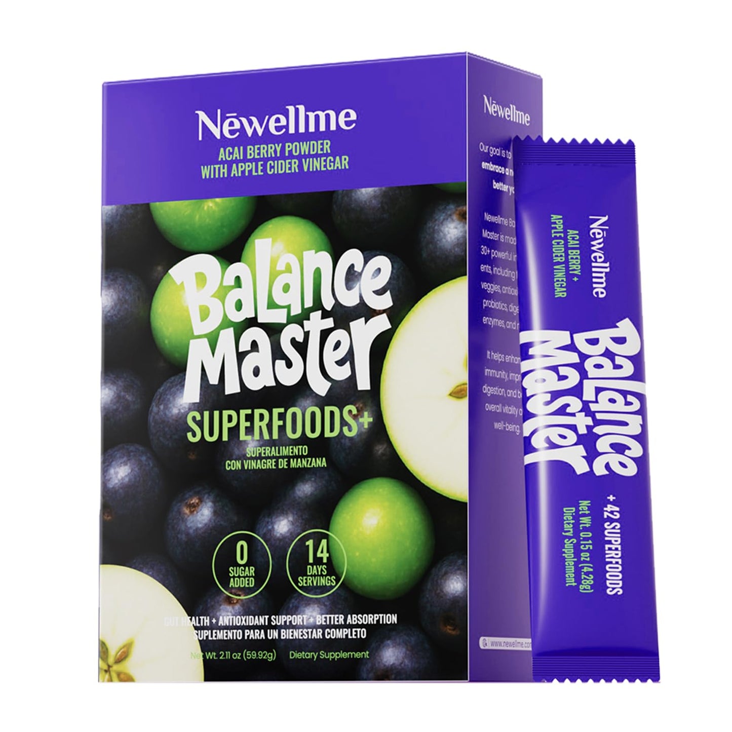 NEWELLME Balance Master Acai Apple Cider Vinegar Powder, Healthy Blood Sugar Support, Probiotics & Digestive Enzymes for Metabolic Support, Vegan Non-GMO, 14 Servings - dailyvitalstore