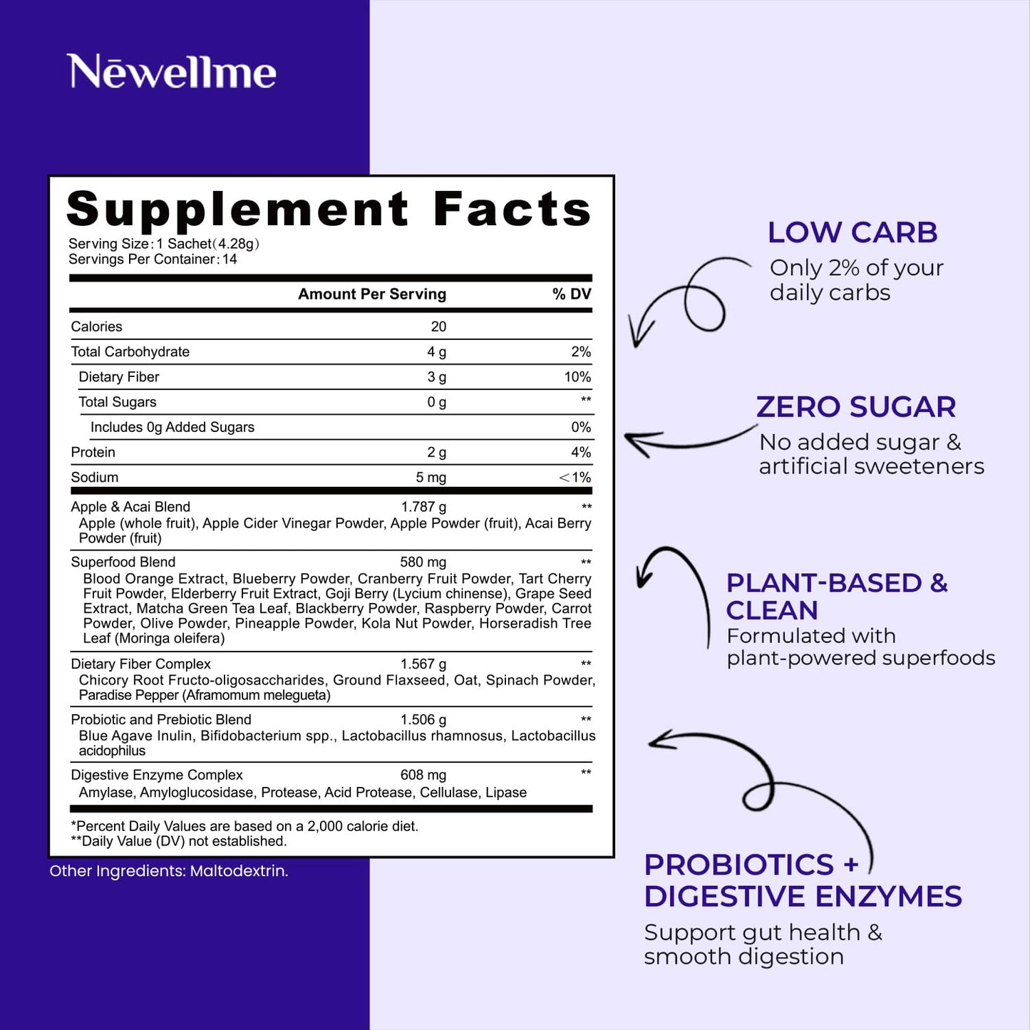 NEWELLME Balance Master Acai Apple Cider Vinegar Powder, Healthy Blood Sugar Support, Probiotics & Digestive Enzymes for Metabolic Support, Vegan Non-GMO, 14 Servings - dailyvitalstore