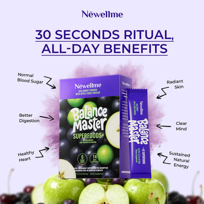 NEWELLME Balance Master Acai Apple Cider Vinegar Powder, Healthy Blood Sugar Support, Probiotics & Digestive Enzymes for Metabolic Support, Vegan Non-GMO, 14 Servings - dailyvitalstore