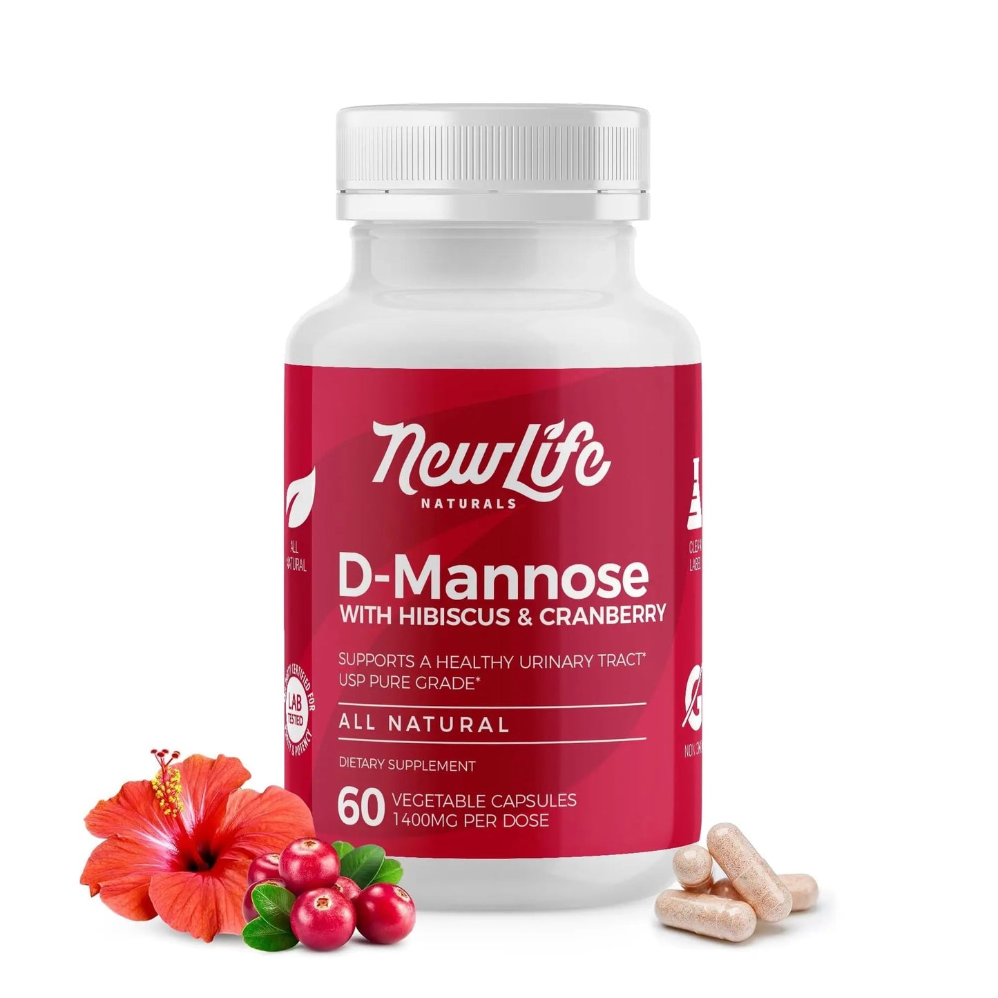 NewLife Naturals D-Mannose Capsules | w/Cranberry and Hibiscus Extracts | Natural Urinary Tract Health Supplement | 1400mg Pure Veggie Powder | 60 Veggie Capsules - dailyvitalstore