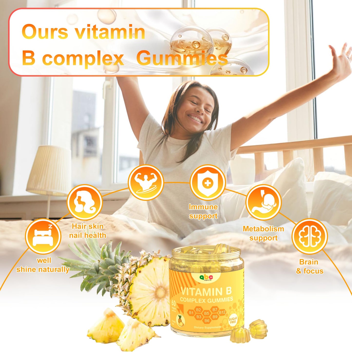 NEWOLITE Vitamin B Complex Gummies for Adult Kid-Pineapple Flavor-Chewable Supplement with 8 Essential B Vitamins - dailyvitalstore