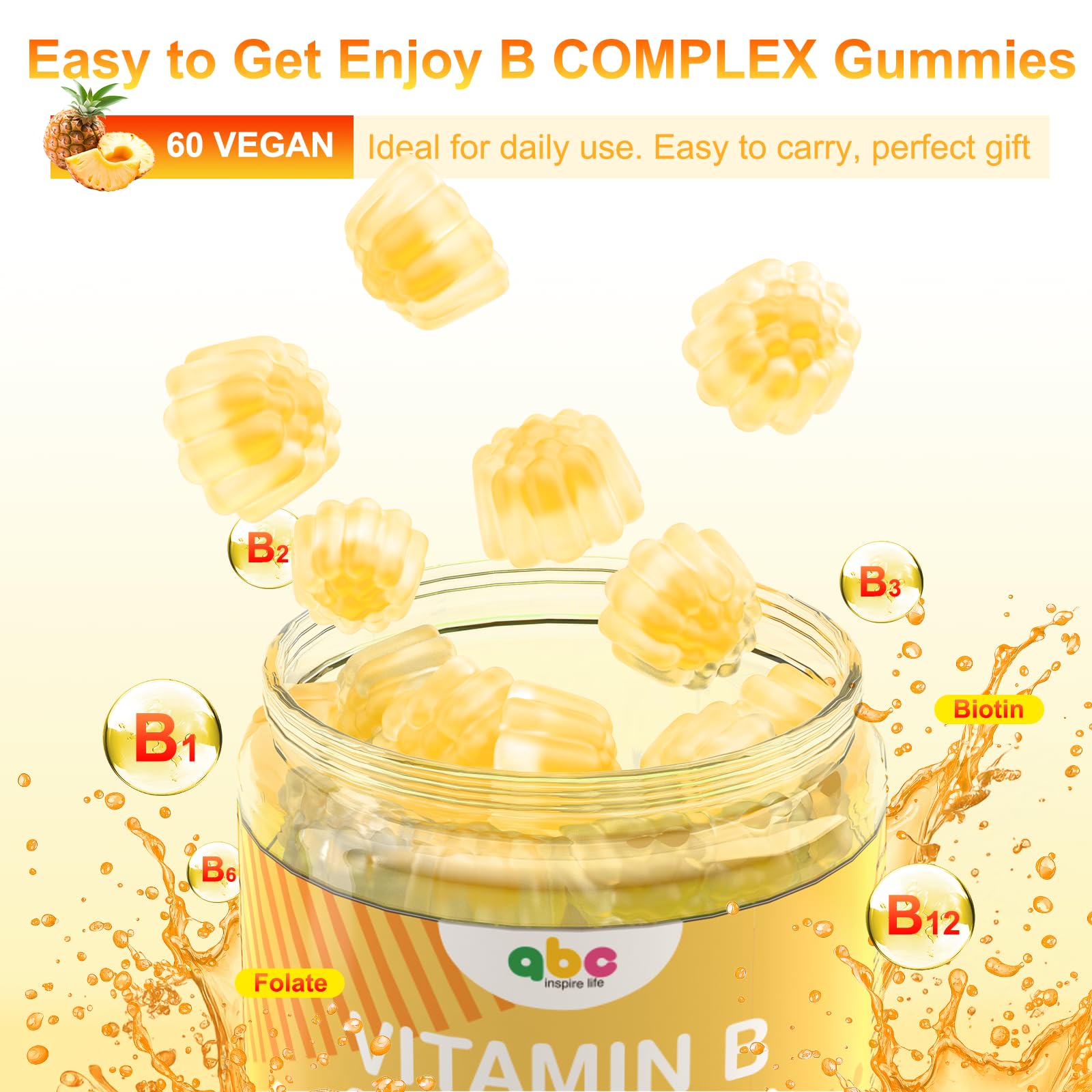 NEWOLITE Vitamin B Complex Gummies for Adult Kid-Pineapple Flavor-Chewable Supplement with 8 Essential B Vitamins - dailyvitalstore