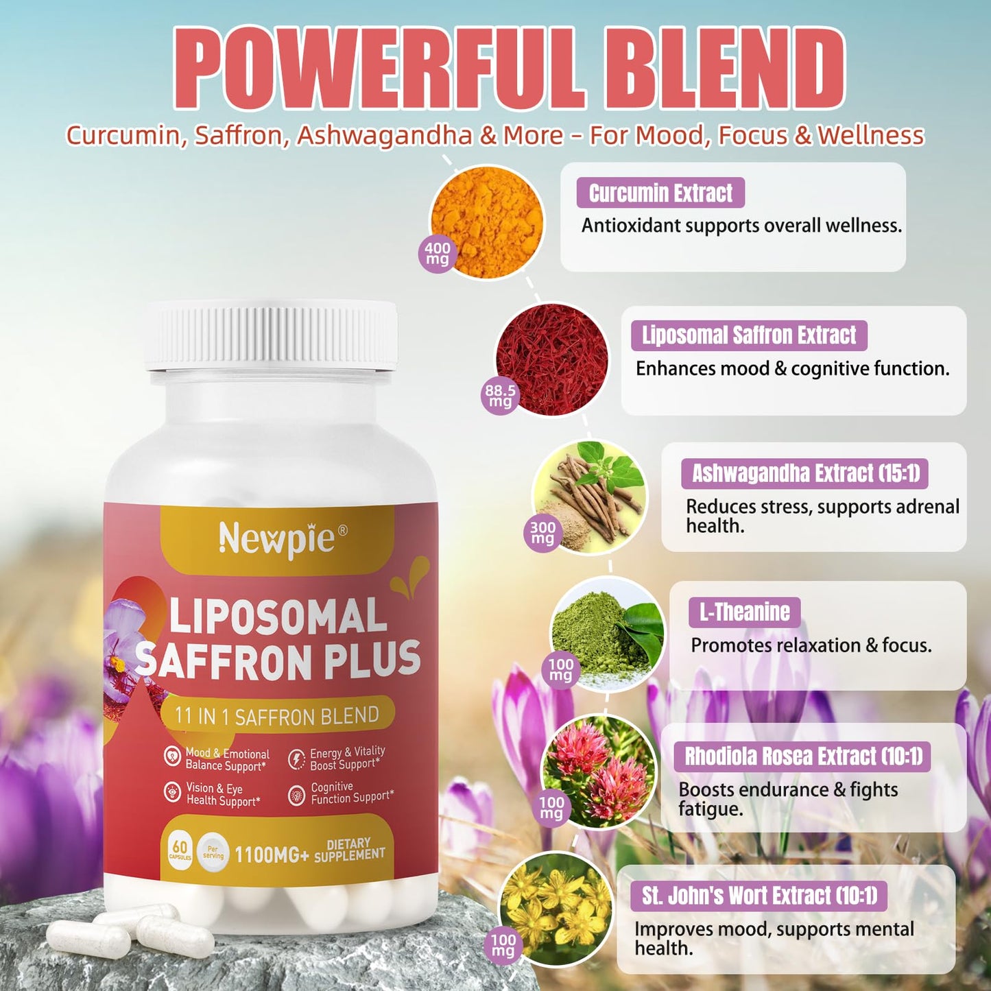 Newpie Saffron Supplements - 100% Pure Saffron Extract Capsules - Natural Mood Enhancer, Supports Eye & Heart Health, Boosts Energy - Premium Supplement for Women & Men（60 Servings (2) - dailyvitalstore