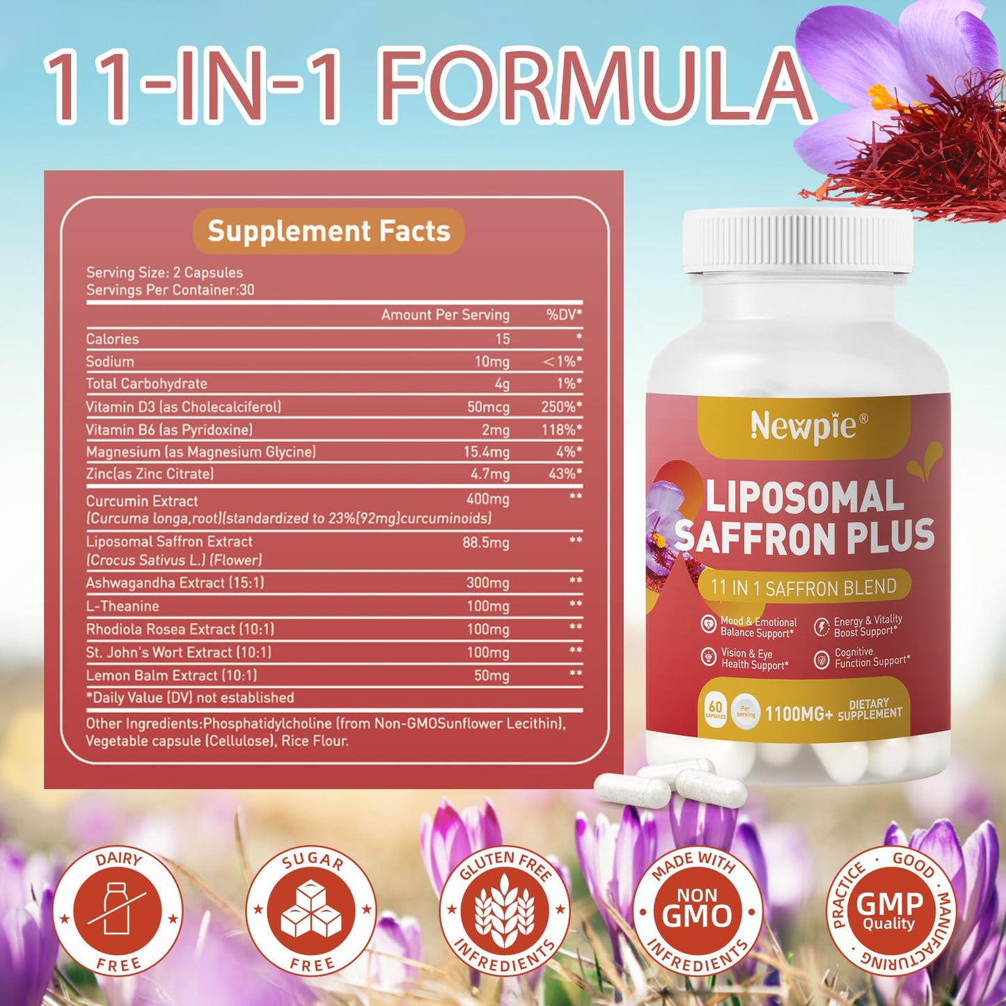 Newpie Saffron Supplements - 100% Pure Saffron Extract Capsules - Natural Mood Enhancer, Supports Eye & Heart Health, Boosts Energy - Premium Supplement for Women & Men（60 Servings (1) - dailyvitalstore