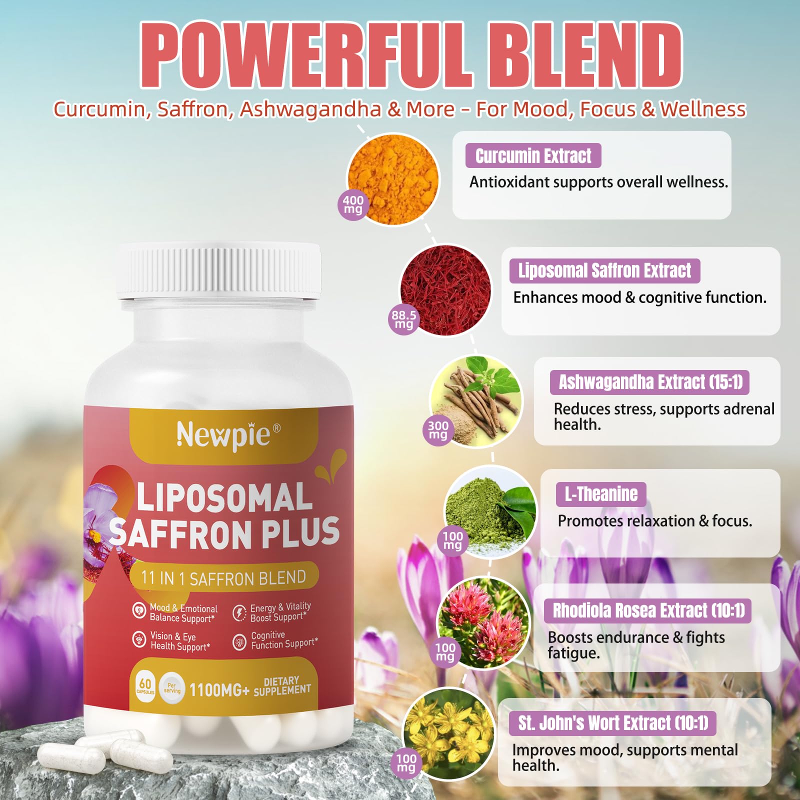 Newpie Saffron Supplements - 100% Pure Saffron Extract Capsules - Natural Mood Enhancer, Supports Eye & Heart Health, Boosts Energy - Premium Supplement for Women & Men（60 Servings (1) - dailyvitalstore