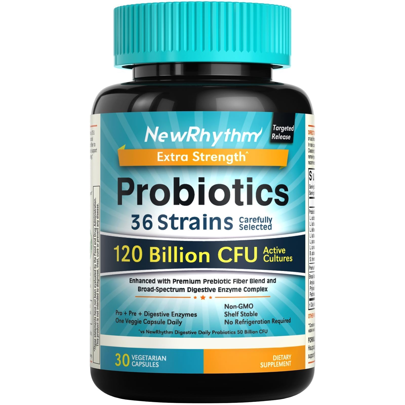 NewRhythm Probiotics 120 Billion CFU 36 Strains, 3-in-1 Probiotics with Prebiotics & Enzymes, Probioticos for Women & Men, - dailyvitalstore