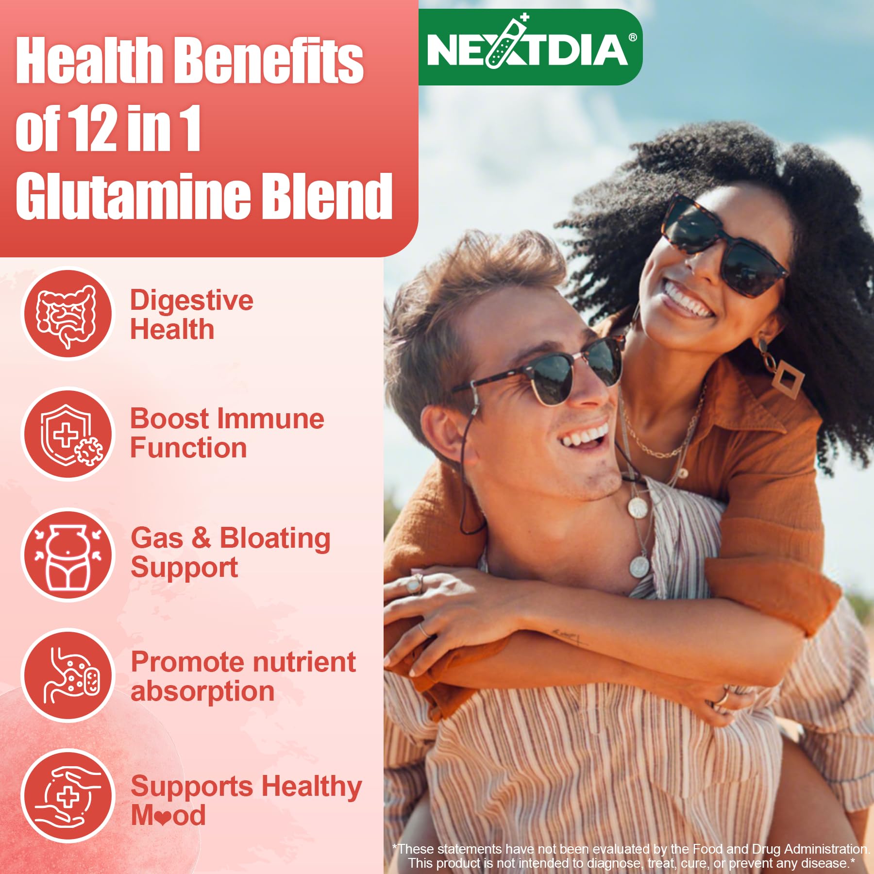 Nextdia L-Glutamine 1200mg Gummies for Gut & Immune Support – Leaky Gut Repair with Slippery Elm, Marshmallow Root, Ginger, Aloe, Vitamin C D3 - dailyvitalstore