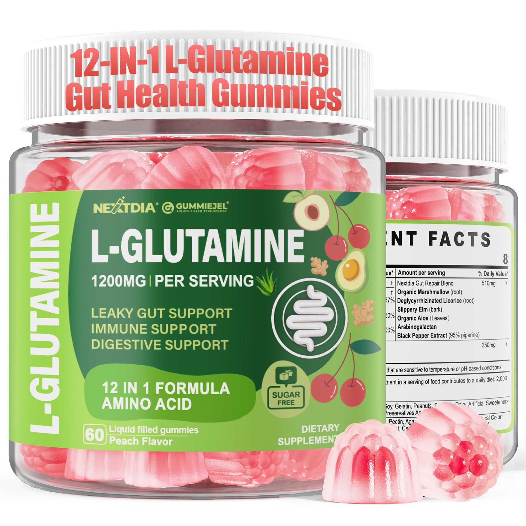 Nextdia L-Glutamine 1200mg Gummies for Gut & Immune Support – Leaky Gut Repair with Slippery Elm, Marshmallow Root, Ginger, Aloe, Vitamin C D3 - dailyvitalstore
