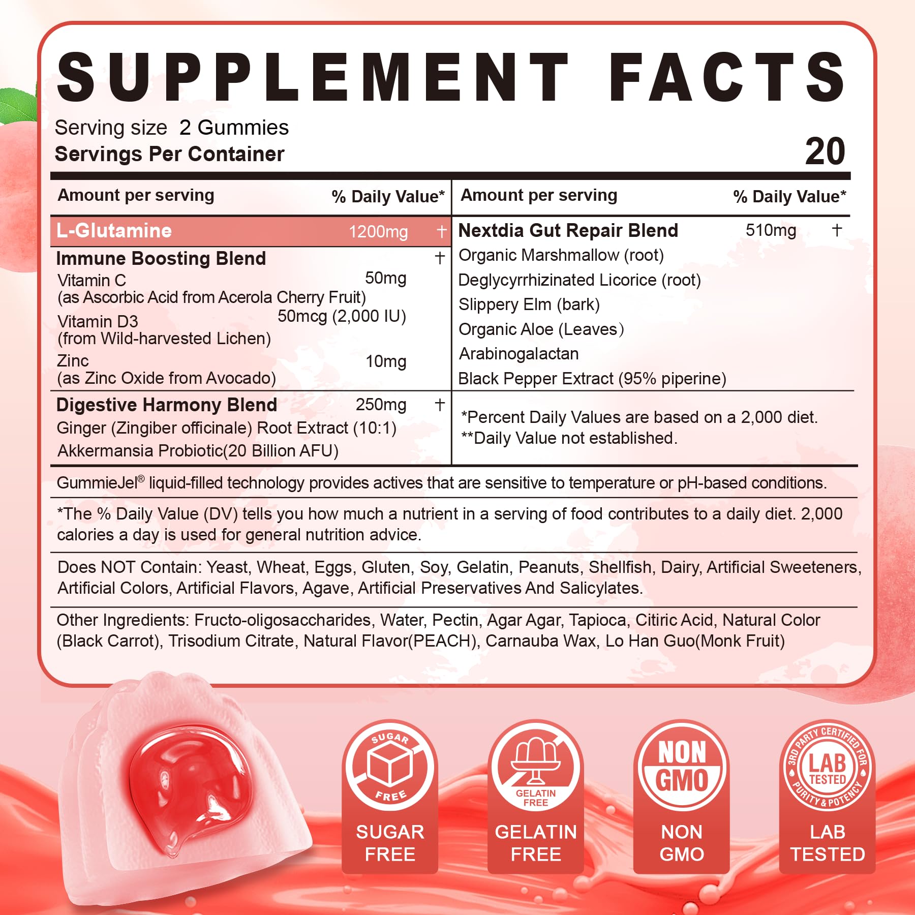 Nextdia L-Glutamine 1200mg Gummies for Gut & Immune Support – Leaky Gut Repair with Slippery Elm, Marshmallow Root, Ginger, Aloe, Vitamin C D3 - dailyvitalstore