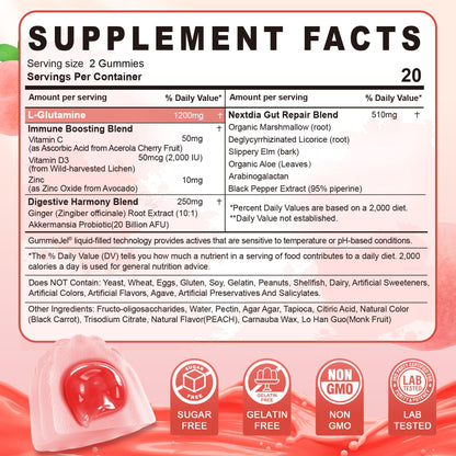Nextdia L-Glutamine 1200mg Gummies for Gut & Immune Support – Leaky Gut Repair with Slippery Elm, Marshmallow Root, Ginger, Aloe, Vitamin C D3 - dailyvitalstore