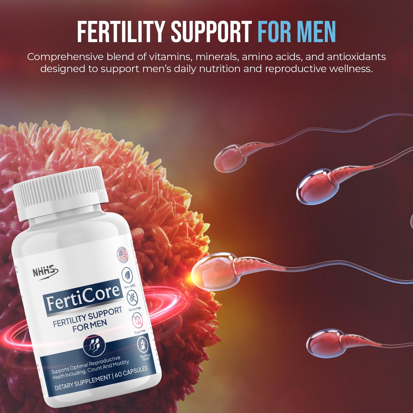 NHHS FertiCore – Men’s Fertility & Reproductive Wellness Supplement – Supports Sperm Health, Motility & Vitality – with Vitamins, Minerals, Amino Acids & Antioxidants – Made in USA, 60 Capsules - dailyvitalstore