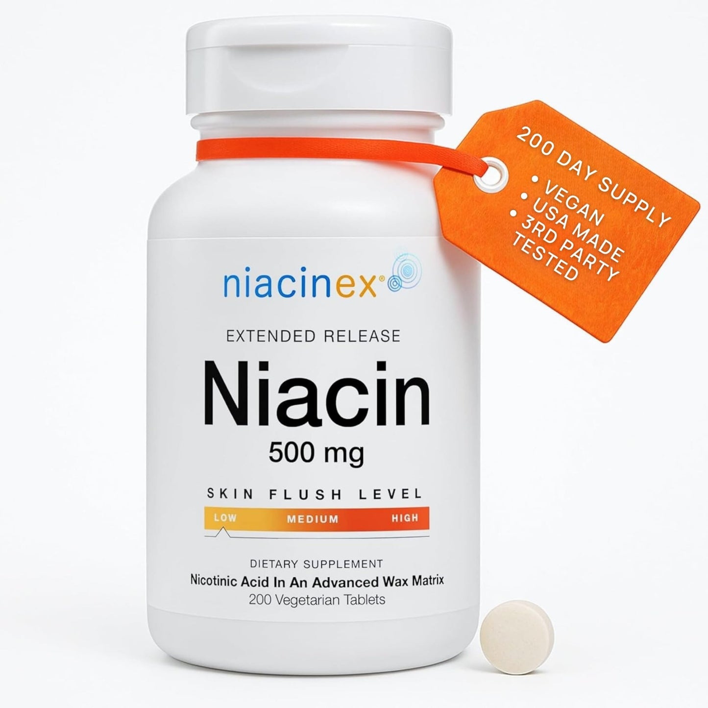 Niacinex Niacin 500mg Extended Time Release, 200 Tablets, Minimal to No-Flush, Vitamin B3 Supplement - Cholesterol Balance - dailyvitalstore
