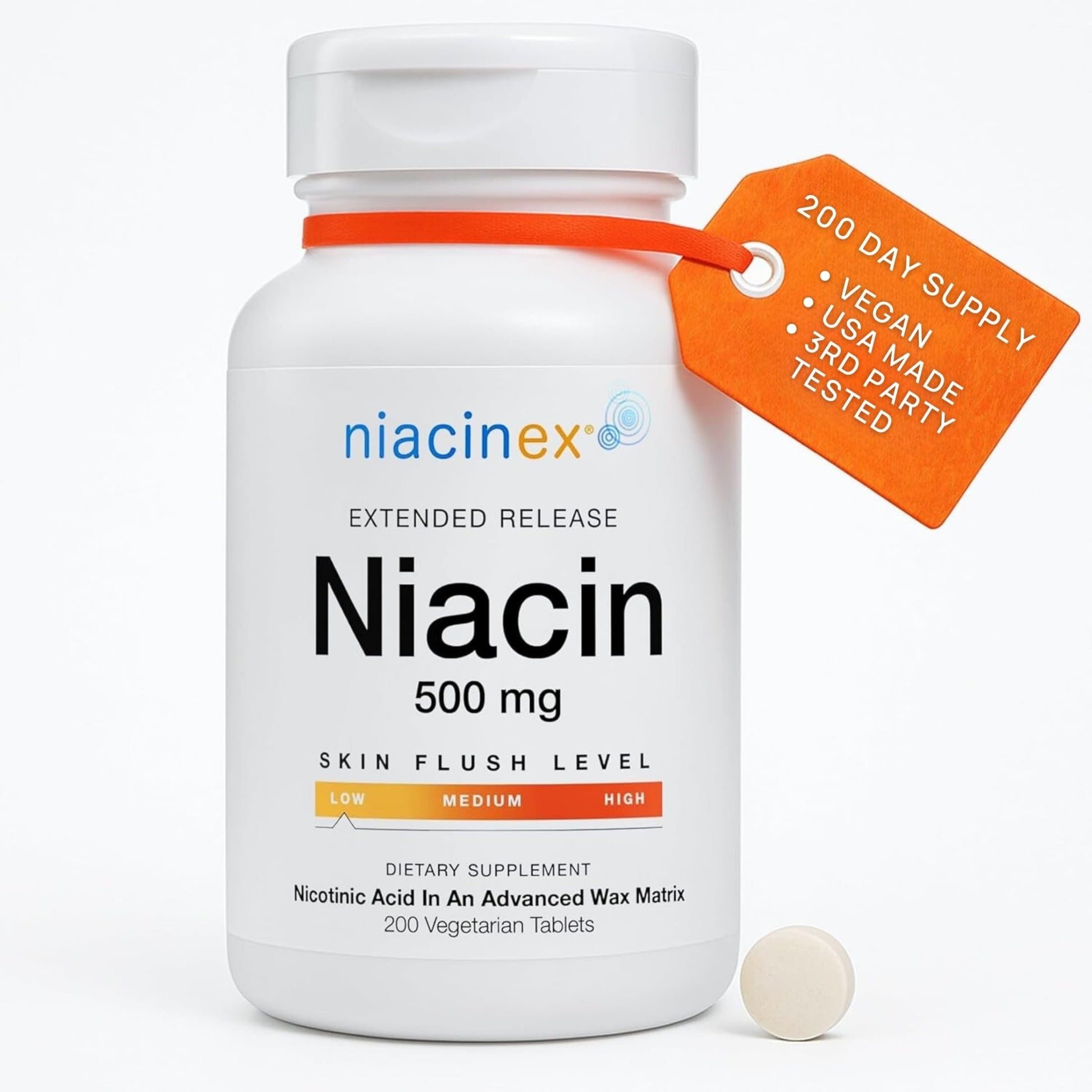 Niacinex Niacin 500mg Extended Time Release, 200 Tablets, Minimal to No-Flush, Vitamin B3 Supplement - Cholesterol Balance - dailyvitalstore