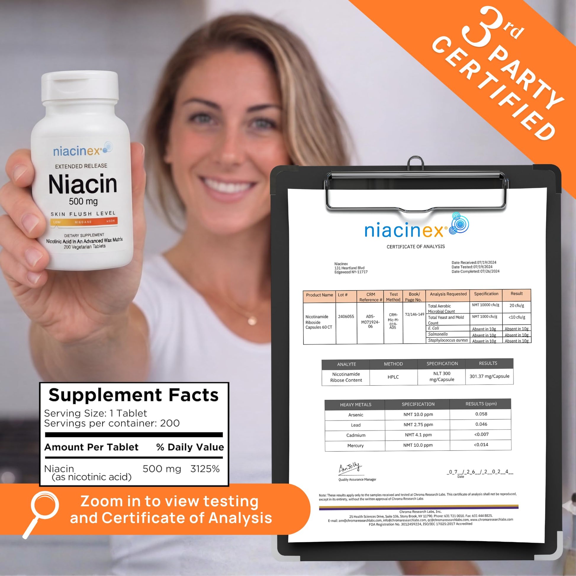 Niacinex Niacin 500mg Extended Time Release, 200 Tablets, Minimal to No-Flush, Vitamin B3 Supplement - Cholesterol Balance - dailyvitalstore