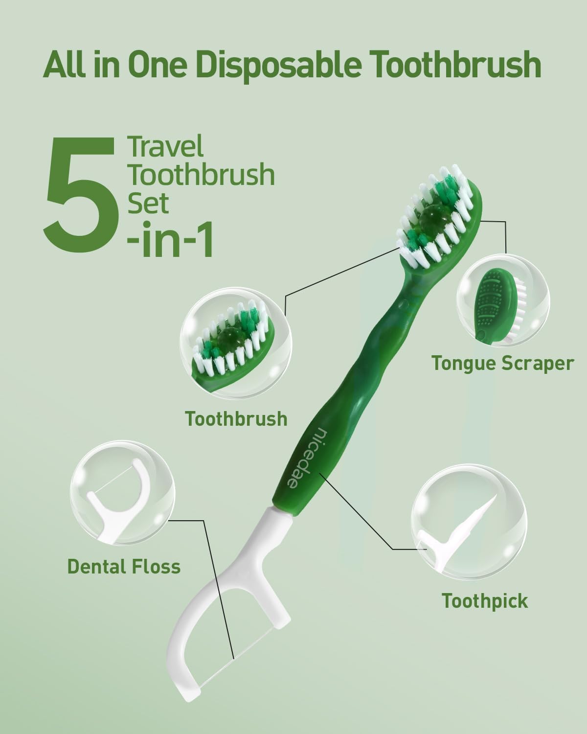 nicedae Disposable Mini Travel Toothbrush Bulk with Toothpaste 5in1 60Ct Portable Toothbrushes Set Floss Pick Tongue Scraper Cruise - dailyvitalstore