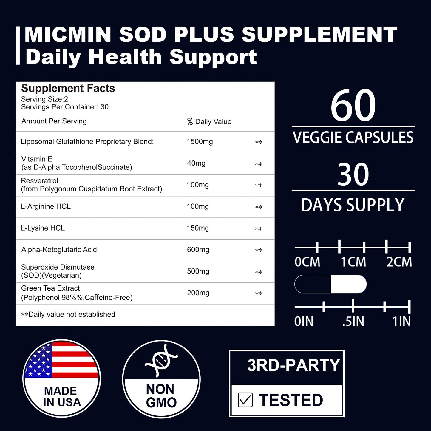 NICMIN 500MG Superoxide Dismutase Supplement - SOD Plus with Liposomal Glutathione, AKG, Green Tea Extract, L-Arginine, Lysine, Resveratrol and Vitamin E for Immune Support, Antioxidant 120 Capsules - dailyvitalstore