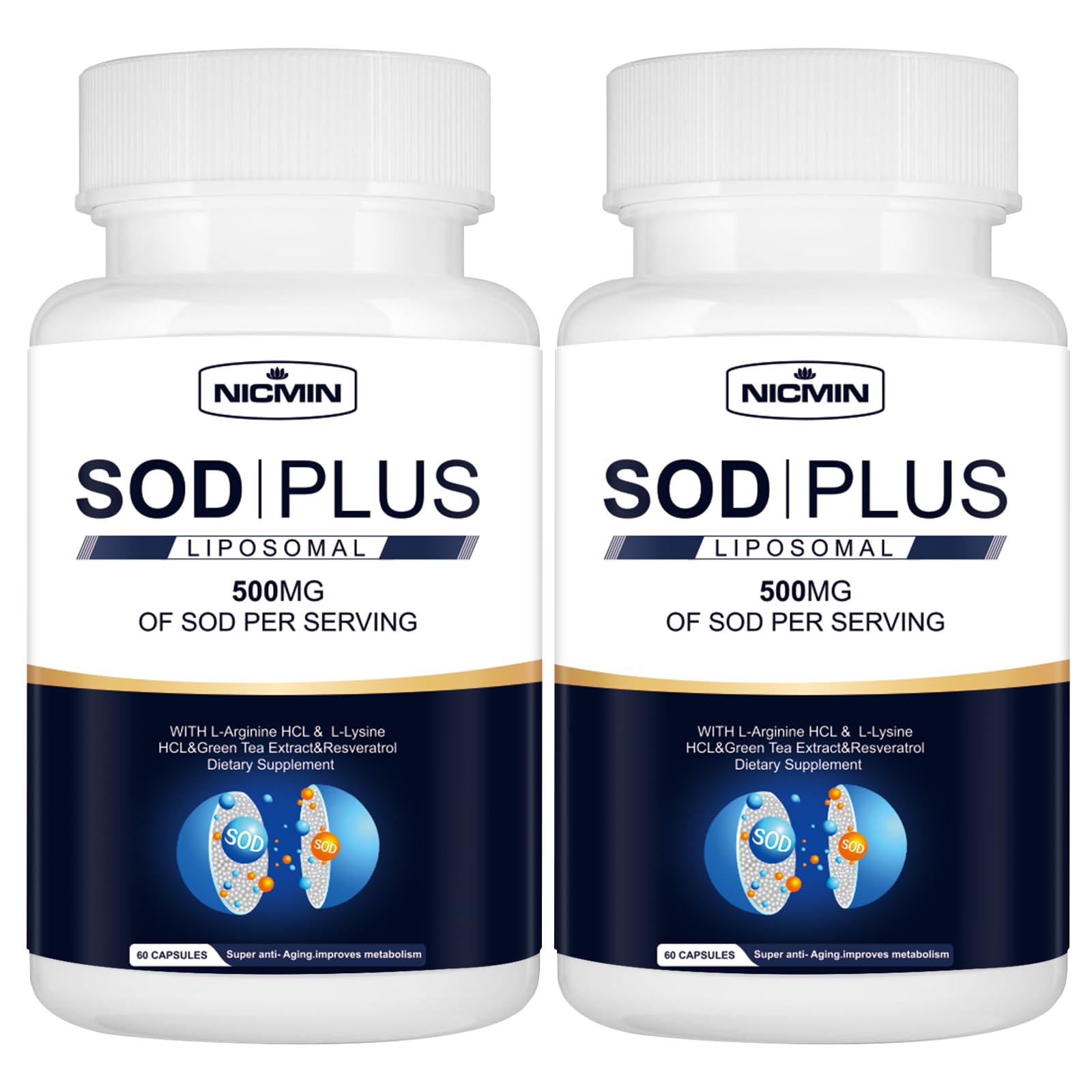 NICMIN 500MG Superoxide Dismutase Supplement - SOD Plus with Liposomal Glutathione, AKG, Green Tea Extract, L-Arginine, Lysine, Resveratrol and Vitamin E for Immune Support, Antioxidant 120 Capsules - dailyvitalstore