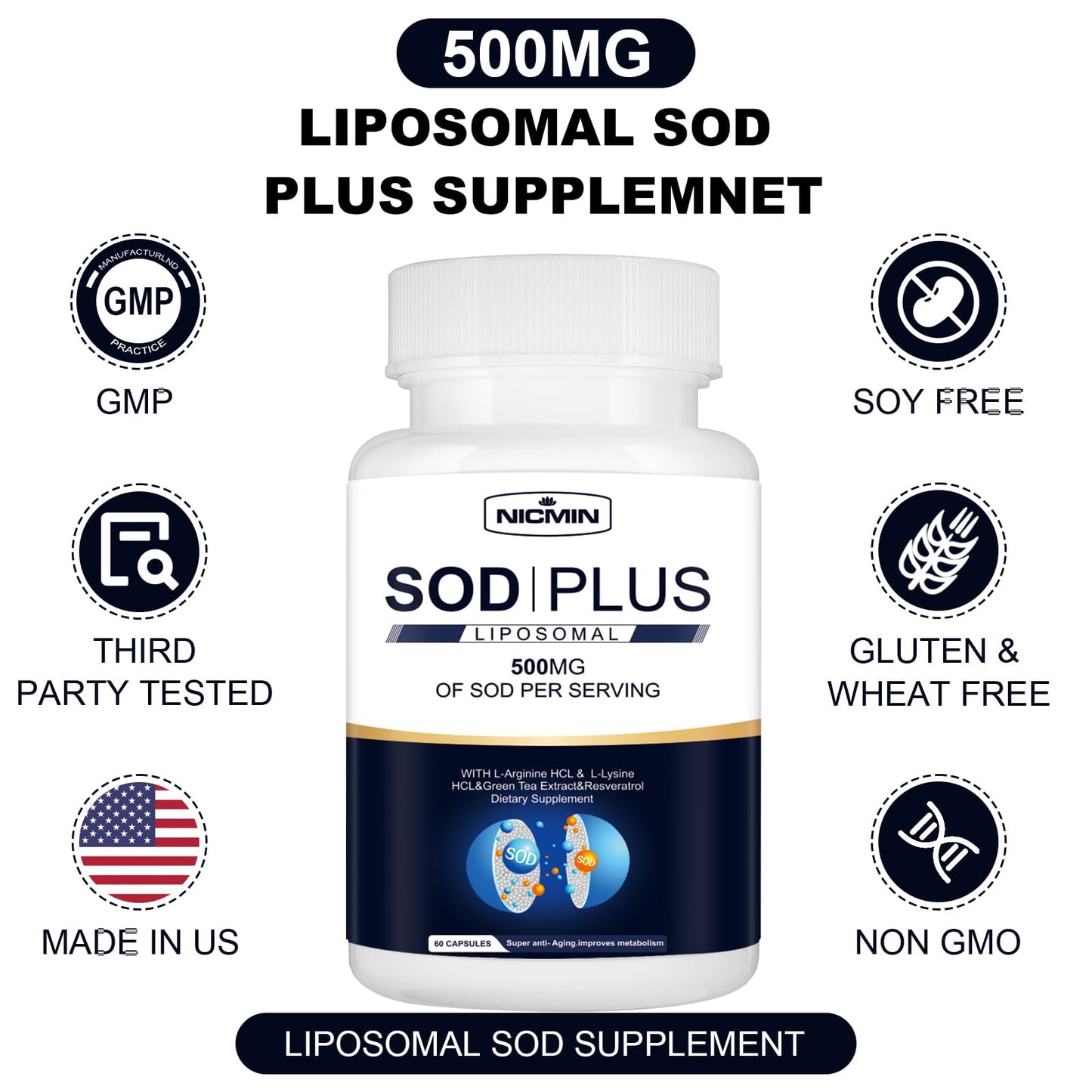 NICMIN 500MG Superoxide Dismutase Supplement - SOD Plus with Liposomal Glutathione, AKG, Green Tea Extract, L-Arginine, Lysine, Resveratrol and Vitamin E for Immune Support, Antioxidant 120 Capsules - dailyvitalstore