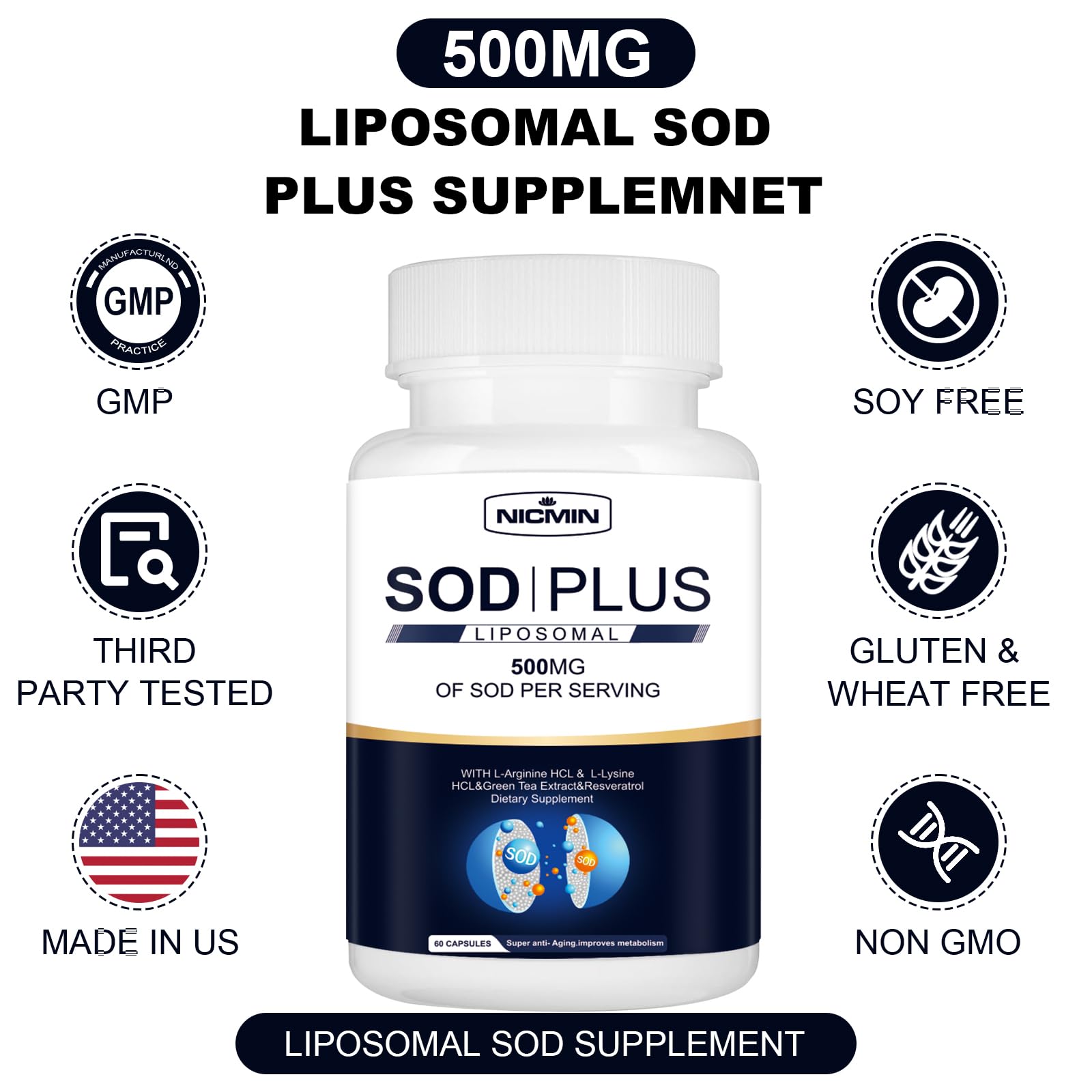 NICMIN 500MG Superoxide Dismutase Supplement - SOD Plus with Liposomal Glutathione, AKG, Green Tea Extract, L-Arginine, Lysine, Resveratrol and Vitamin E for Immune Support, Antioxidant 120 Capsules - dailyvitalstore
