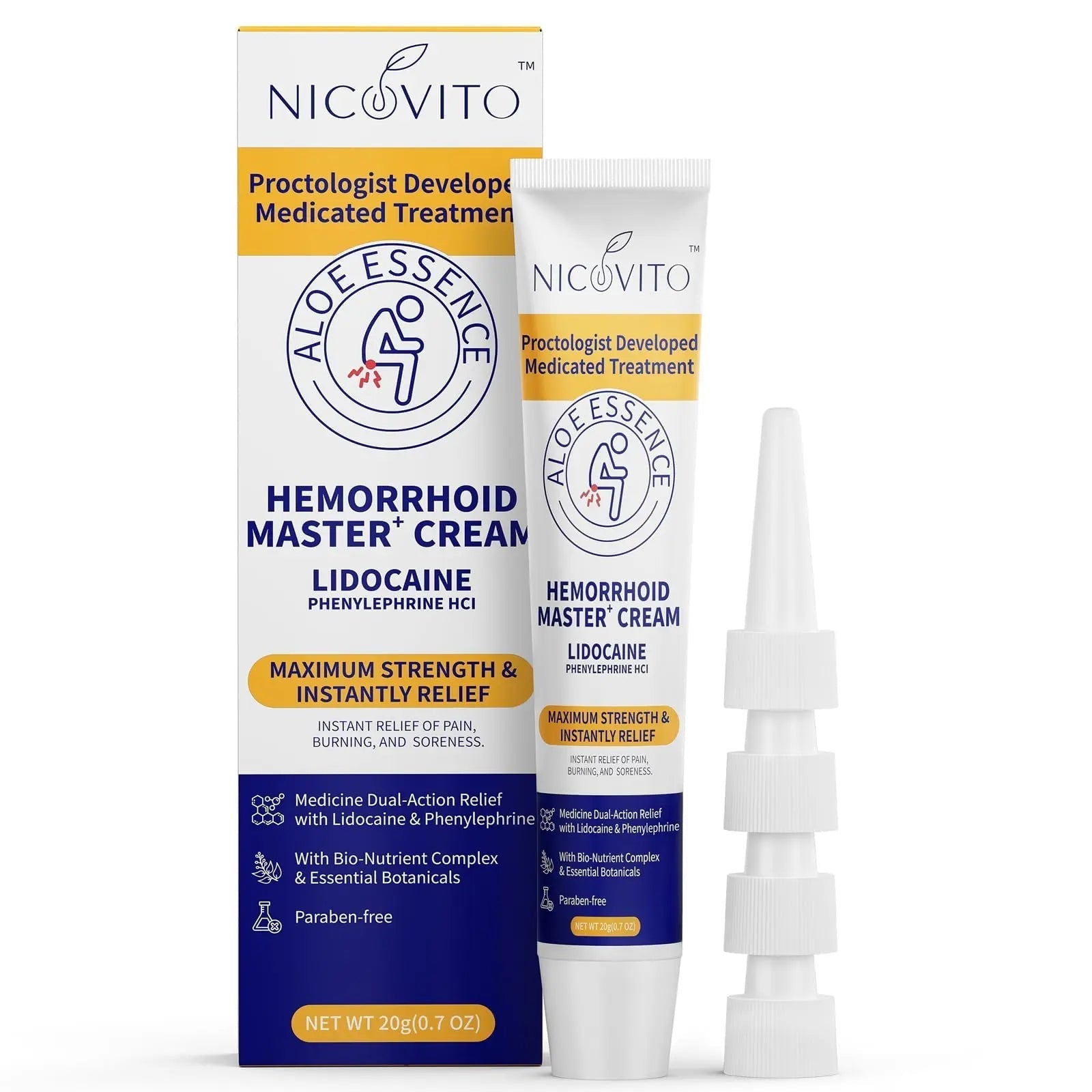 NICOVITO Hemorrhoid & Fissure Treatment Cream, 4% Lidocaine & Phenylephrine HCl Ointment, Maximum Strength Fast Relief for Pain, Itching & Swelling, External Use (0.7 oz) - dailyvitalstore