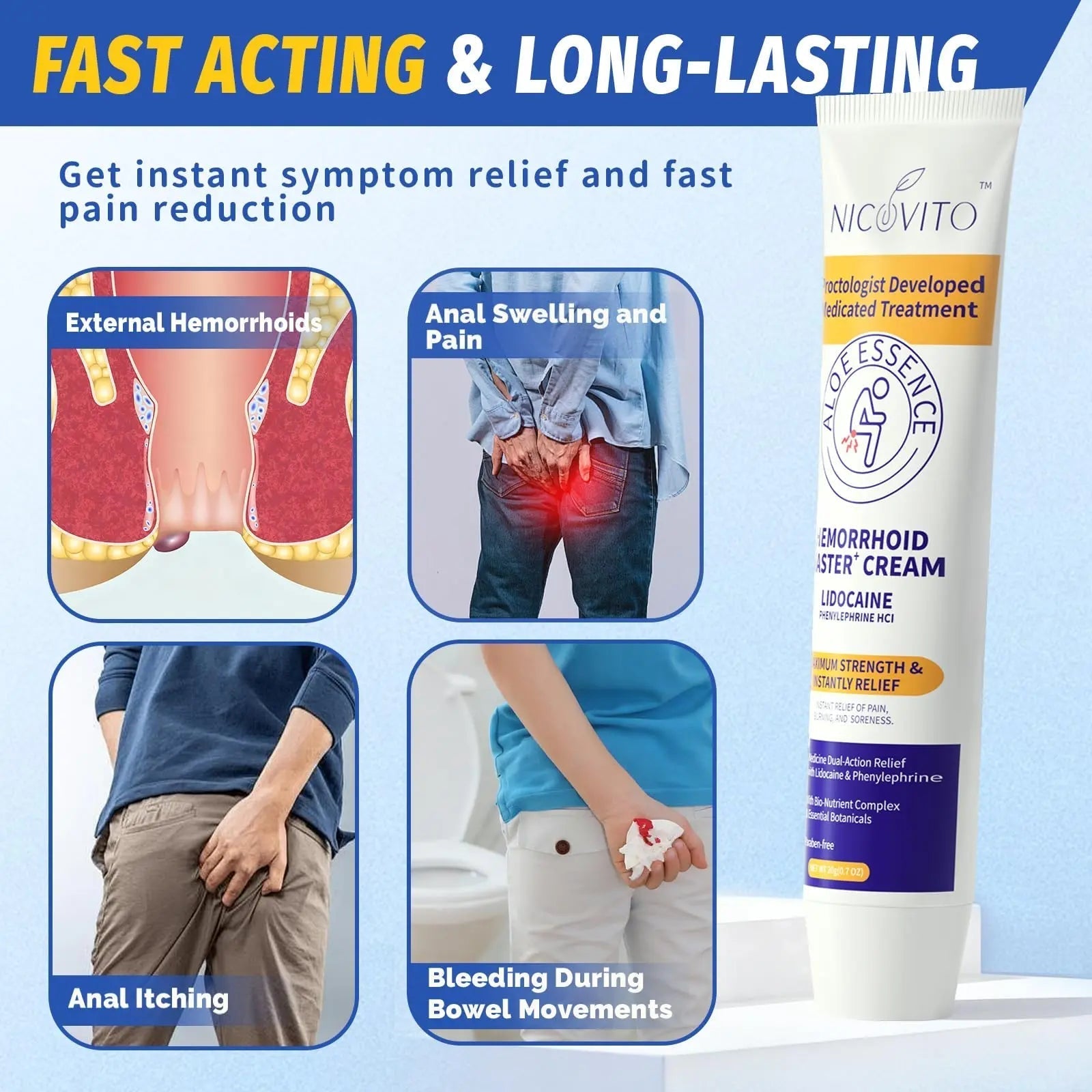 NICOVITO Hemorrhoid & Fissure Treatment Cream, 4% Lidocaine & Phenylephrine HCl Ointment, Maximum Strength Fast Relief for Pain, Itching & Swelling, External Use (0.7 oz) - dailyvitalstore