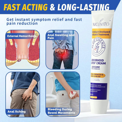 NICOVITO Hemorrhoid & Fissure Treatment Cream, 4% Lidocaine & Phenylephrine HCl Ointment, Maximum Strength Fast Relief for Pain, Itching & Swelling, External Use (0.7 oz) - dailyvitalstore