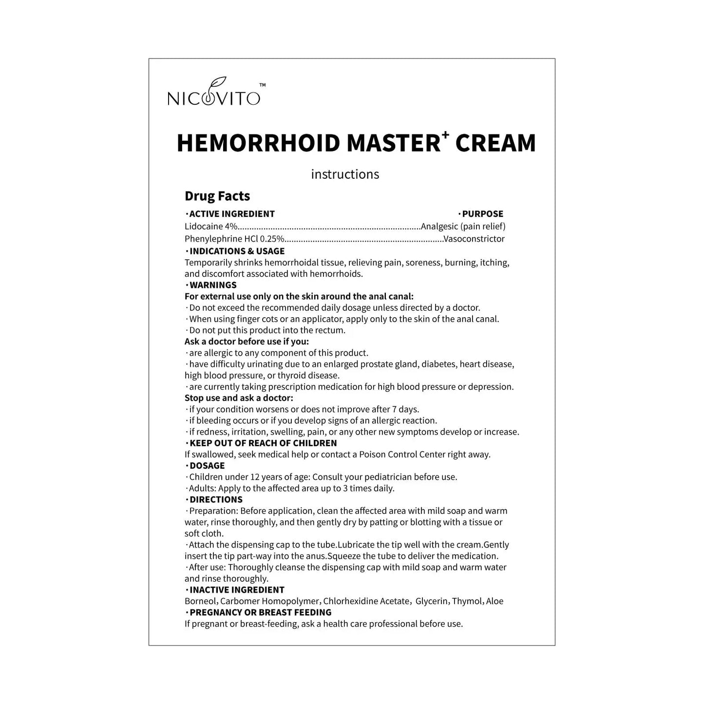 NICOVITO Hemorrhoid & Fissure Treatment Cream, 4% Lidocaine & Phenylephrine HCl Ointment, Maximum Strength Fast Relief for Pain, Itching & Swelling, External Use (0.7 oz) - dailyvitalstore