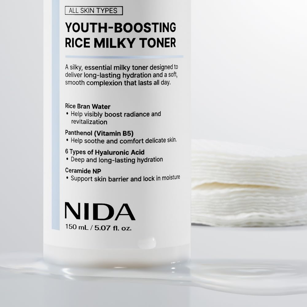 NIDA Youth-boosting Rice Milky Toner, for Glass Skin | Rice Bran Extract, Niacinamide, Ceramide NP, Panthenol | Deep Moisturizing, Hydrating and Refreshing - dailyvitalstore