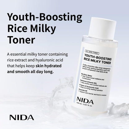 NIDA Youth-boosting Rice Milky Toner, for Glass Skin | Rice Bran Extract, Niacinamide, Ceramide NP, Panthenol | Deep Moisturizing, Hydrating and Refreshing - dailyvitalstore
