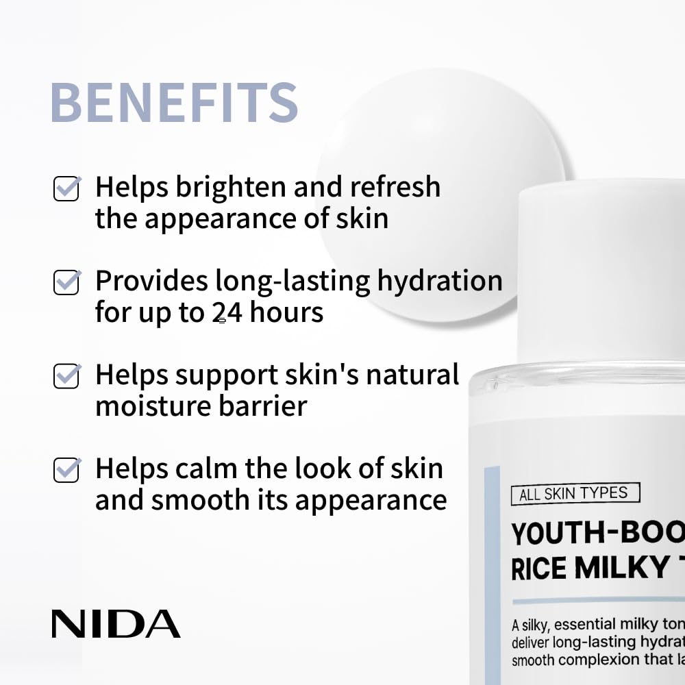 NIDA Youth-boosting Rice Milky Toner, for Glass Skin | Rice Bran Extract, Niacinamide, Ceramide NP, Panthenol | Deep Moisturizing, Hydrating and Refreshing - dailyvitalstore