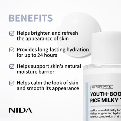 NIDA Youth-boosting Rice Milky Toner, for Glass Skin | Rice Bran Extract, Niacinamide, Ceramide NP, Panthenol | Deep Moisturizing, Hydrating and Refreshing - dailyvitalstore