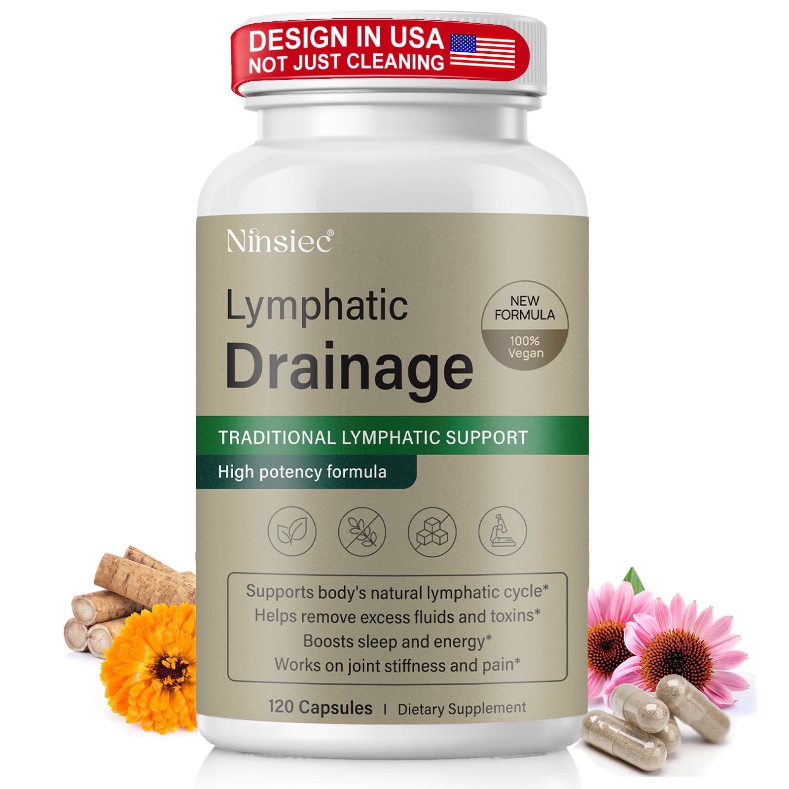 Ninsiec Lymphatic Drainage Supplements - Lymphatic Drainage Capsules for Immune Health,Supports Bloating & Daily Lymphatic Wellness, with Echinacea, Dandelion, and Burdock (120 Capsules) - dailyvitalstore