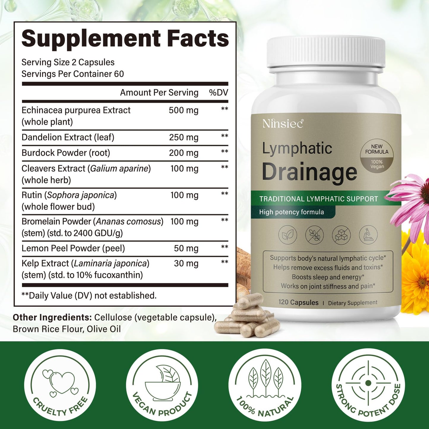 Ninsiec Lymphatic Drainage Supplements - Lymphatic Drainage Capsules for Immune Health,Supports Bloating & Daily Lymphatic Wellness, with Echinacea, Dandelion, and Burdock (120 Capsules) - dailyvitalstore