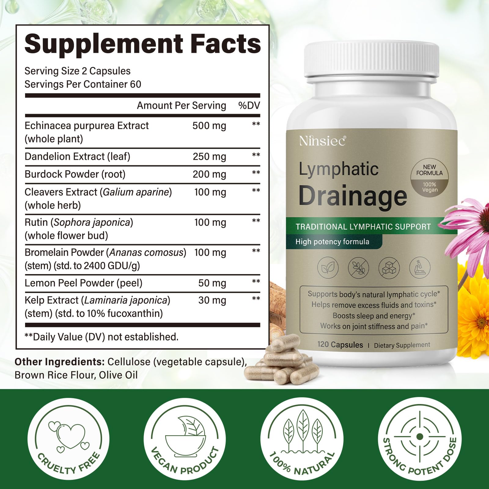 Ninsiec Lymphatic Drainage Supplements - Lymphatic Drainage Capsules for Immune Health,Supports Bloating & Daily Lymphatic Wellness, with Echinacea, Dandelion, and Burdock (120 Capsules) - dailyvitalstore