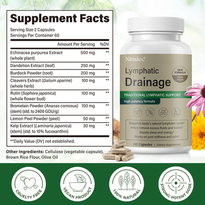Ninsiec Lymphatic Drainage Supplements - Lymphatic Drainage Capsules for Immune Health,Supports Bloating & Daily Lymphatic Wellness, with Echinacea, Dandelion, and Burdock (120 Capsules) - dailyvitalstore