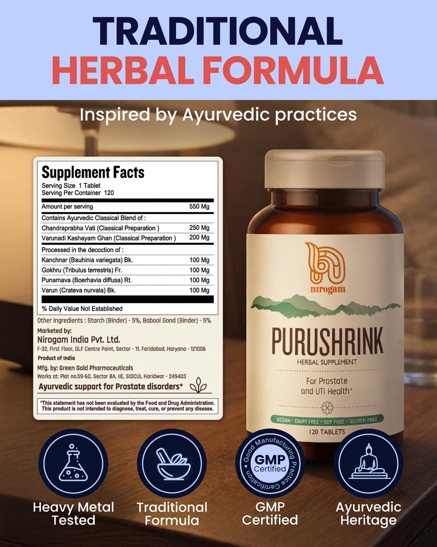 Nirogam Purushrink - BPH Prostate Supplement for Men, Supports Better Sleep & Urinary Health - Natural Ayurvedic Herbal Supplement 120 Tablets - Vegan, Dairy Free, Gluten Free - dailyvitalstore