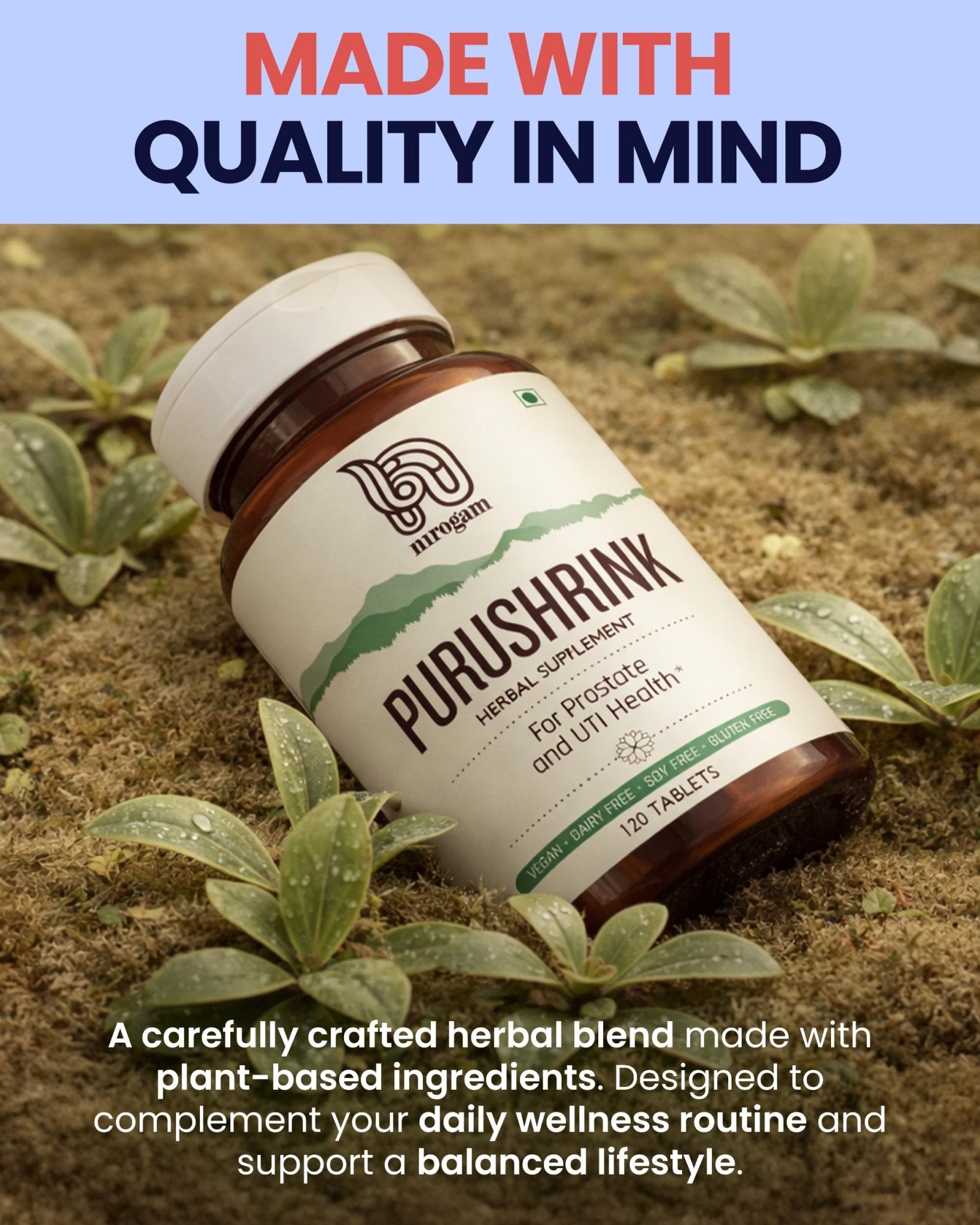 Nirogam Purushrink - BPH Prostate Supplement for Men, Supports Better Sleep & Urinary Health - Natural Ayurvedic Herbal Supplement 120 Tablets - Vegan, Dairy Free, Gluten Free - dailyvitalstore