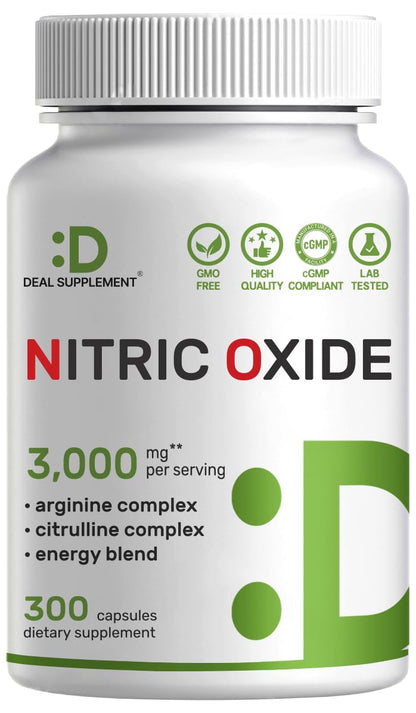 Nitric Oxide Supplement 3,000mg, 300 Capsules | 12-in-1 Complex for Men & Women – Arginine, Citrulline, Korean Red Ginseng, - dailyvitalstore