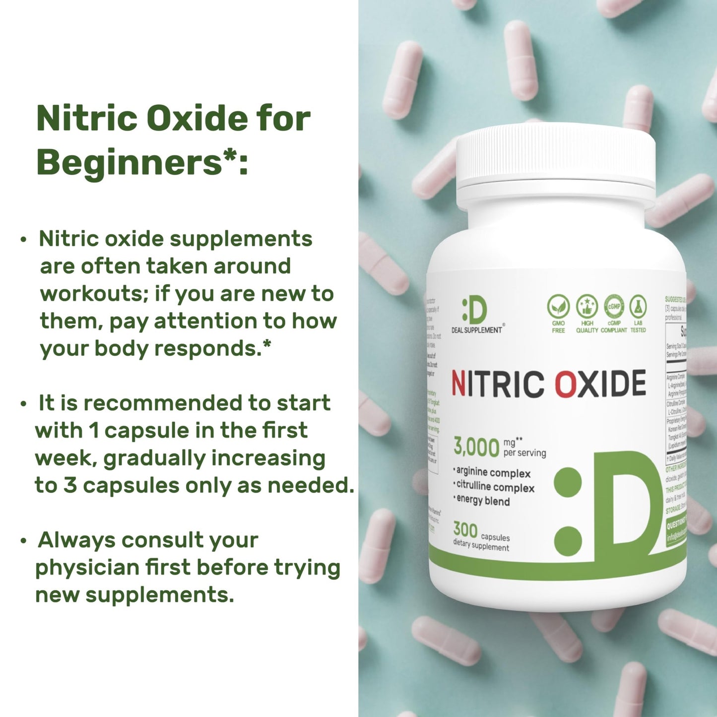 Nitric Oxide Supplement 3,000mg, 300 Capsules | 12-in-1 Complex for Men & Women – Arginine, Citrulline, Korean Red Ginseng, - dailyvitalstore