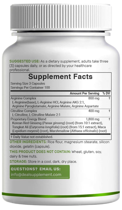 Nitric Oxide Supplement 3,000mg, 300 Capsules | 12-in-1 Complex for Men & Women – Arginine, Citrulline, Korean Red Ginseng, - dailyvitalstore