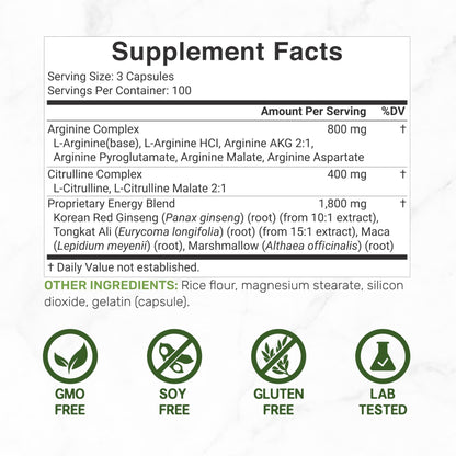 Nitric Oxide Supplement 3,000mg, 300 Capsules | 12-in-1 Complex for Men & Women – Arginine, Citrulline, Korean Red Ginseng, - dailyvitalstore